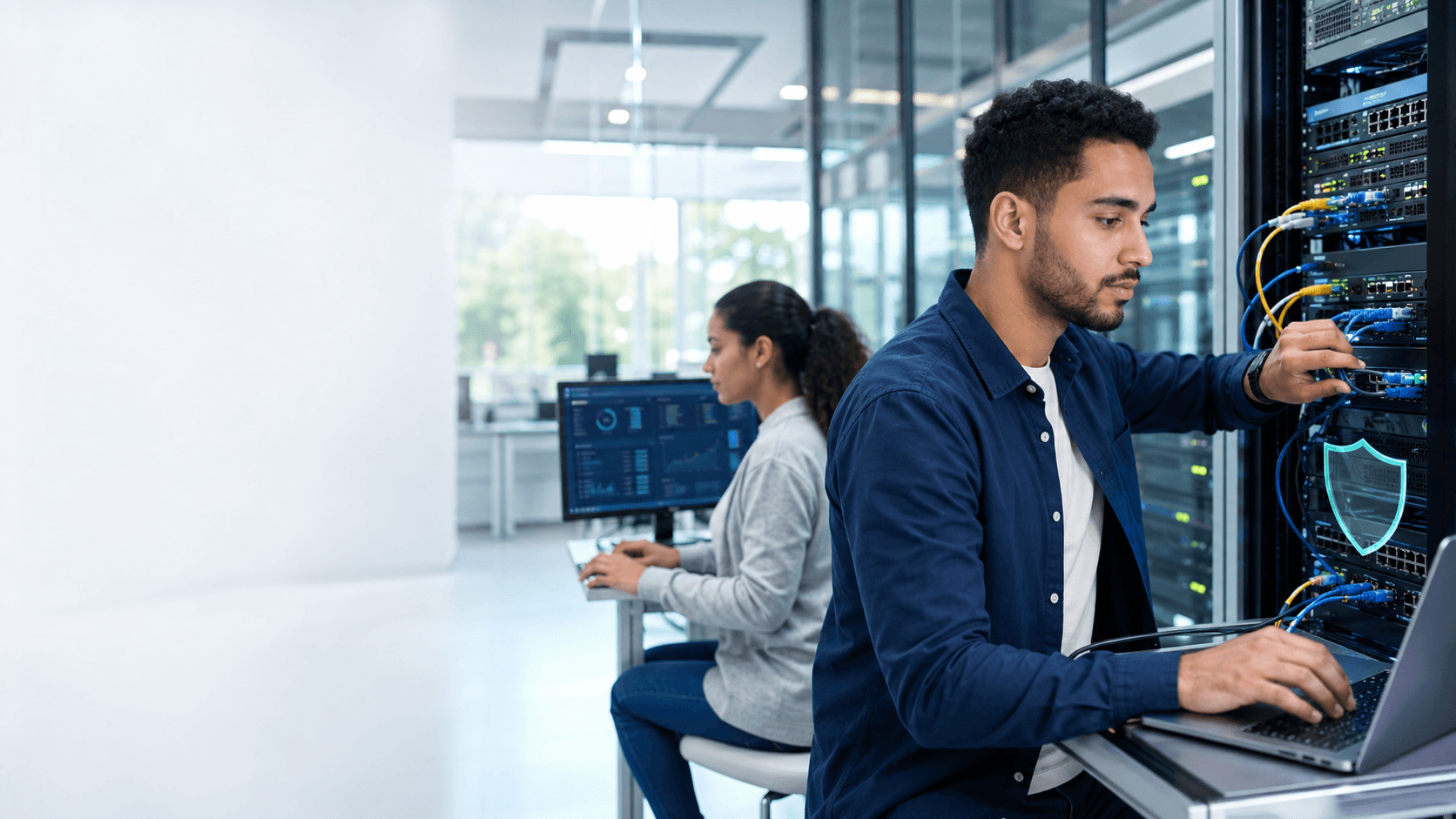 Étudiant en réseaux et cybersécurité dans un laboratoire informatique